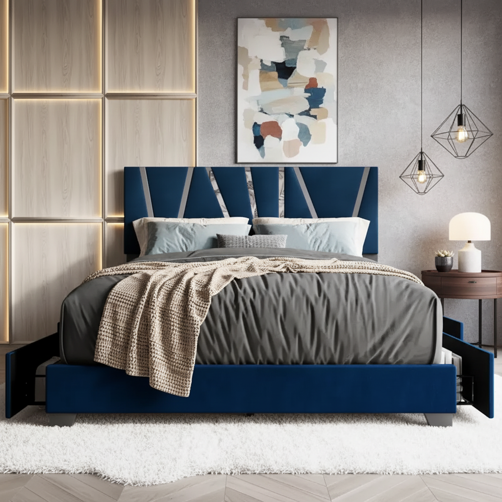 Modern Velvet Storage Bed with Drawers – Queen Size