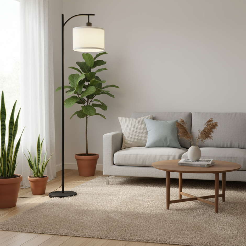 Modern Black Floor Lamp with Fabric Shade & Foot Switch