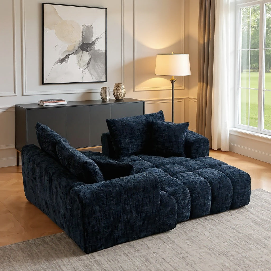 Modern Deep Seat L-Shaped Sectional Sofa with Chaise – Navy Blue