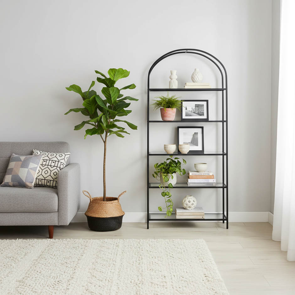 Arched Metal & Glass Bookcase – 5-Tier Tall Display Shelf with Modern Frame, Available in Black or Gold