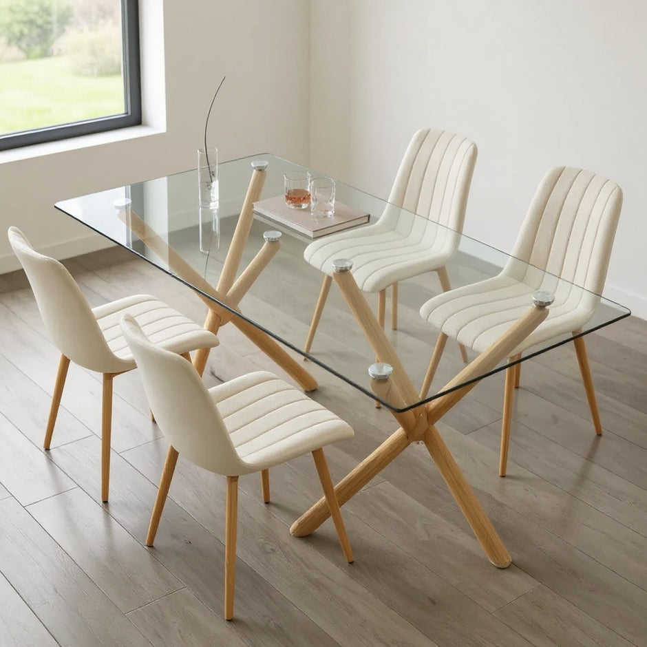 Set of 4 Upholstered Dining Chairs – Beige Fabric, Modern Design