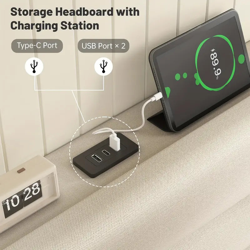 Modern Upholstered Queen Bed with Charging Station