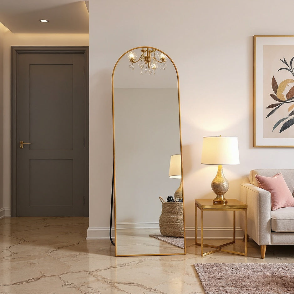 Arched Full Length Mirror – Black & Gold, Wall Mounted / Free Standing