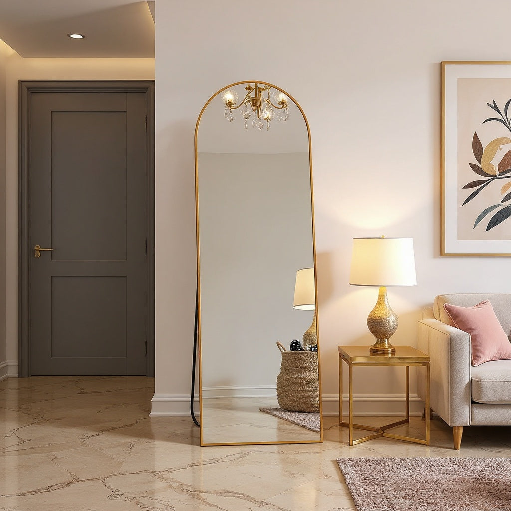 Arched Full Length Mirror – Black & Gold, Wall Mounted / Free Standing