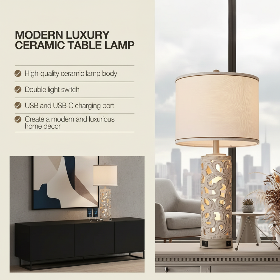 Set of 2 Modern Ceramic Table Lamps with USB/USB-C Charging Ports – 28