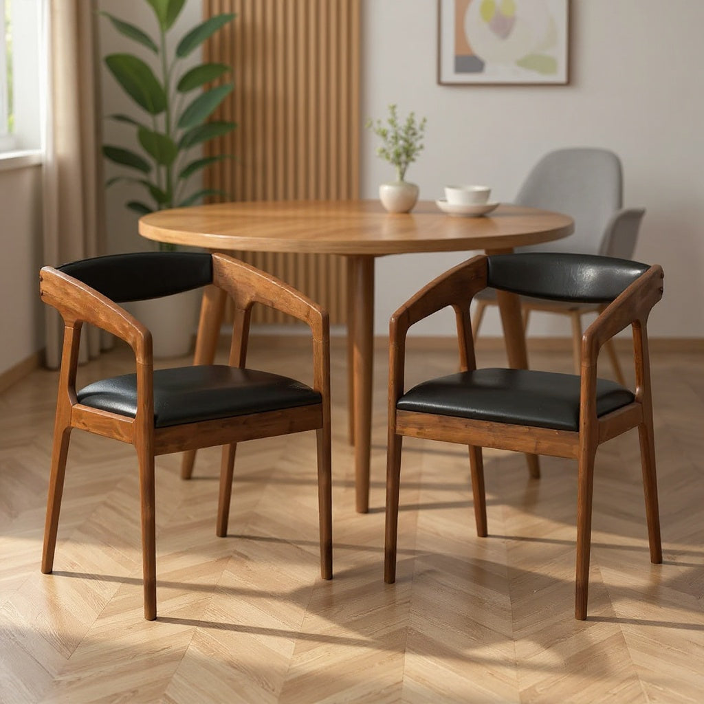 Mid-Century Modern Dining Chairs Set of 2, Walnut & Black