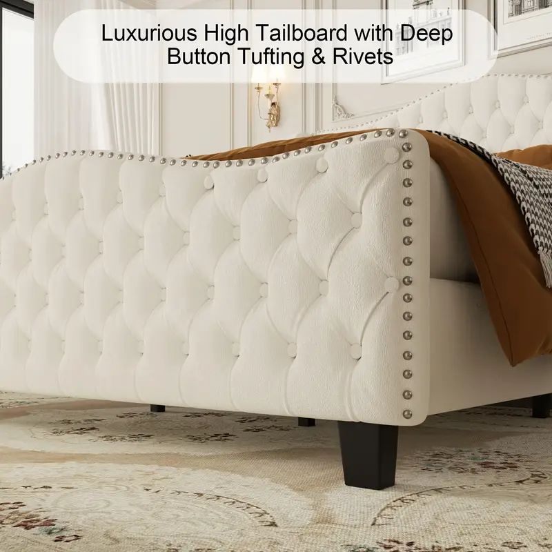 Tufted Upholstered Wingback Bed Frame with Nailhead Trim – King Size