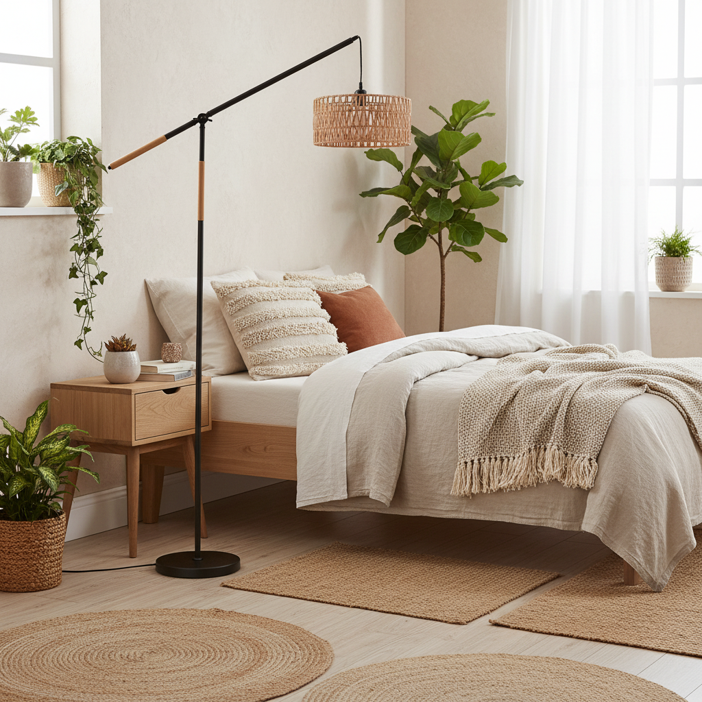 Modern Adjustable Floor Lamp with Handmade Rattan Shade, E26 Base