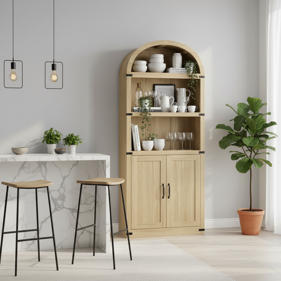 Arched Wood Bookshelf with Storage Cabinet – Tall Rustic Display Shelf with Doors for Living Room, Dining Room, or Office