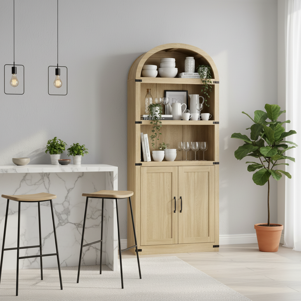 Arched Wood Bookshelf with Storage Cabinet – Tall Rustic Display Shelf with Doors for Living Room, Dining Room, or Office