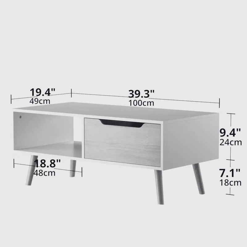 Smile Back Modern Coffee Table with Drawer and Open Shelf – 3 Color Options