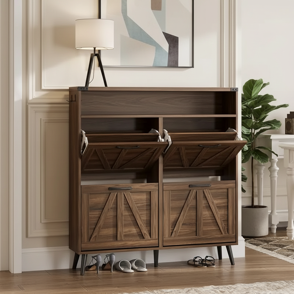 Modern 4-Compartment Tilt-Out Shoe Cabinet with Open Shelf – Multiple Finishes