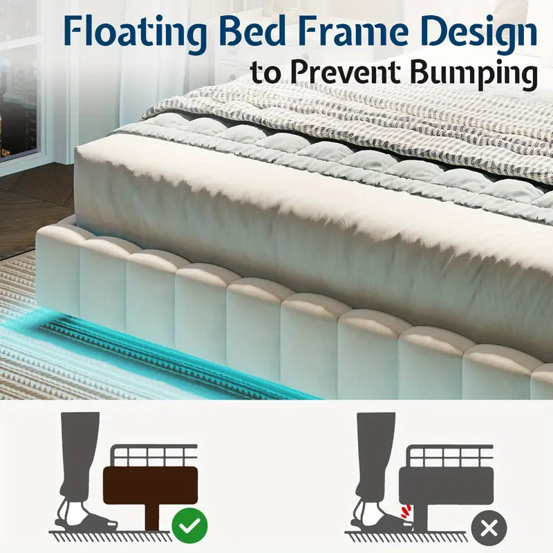 Modern Floating Upholstered Bed Frame with LED Lights