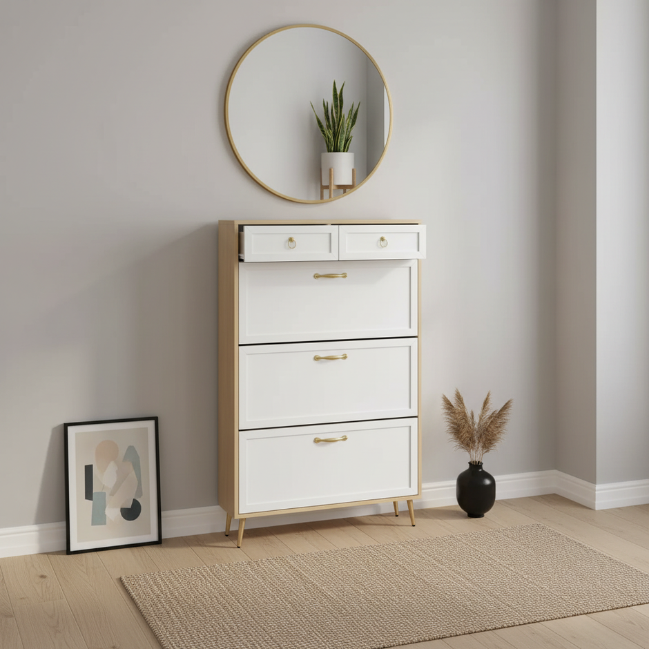 Tall White Shoe Cabinet with Gold Handles and Multiple Drawers – Modern Entryway Storage
