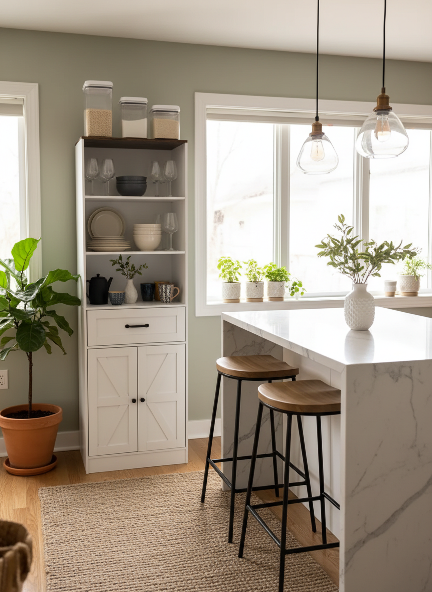 Tall White Farmhouse Bookshelf with Drawer and Double Door Cabinet