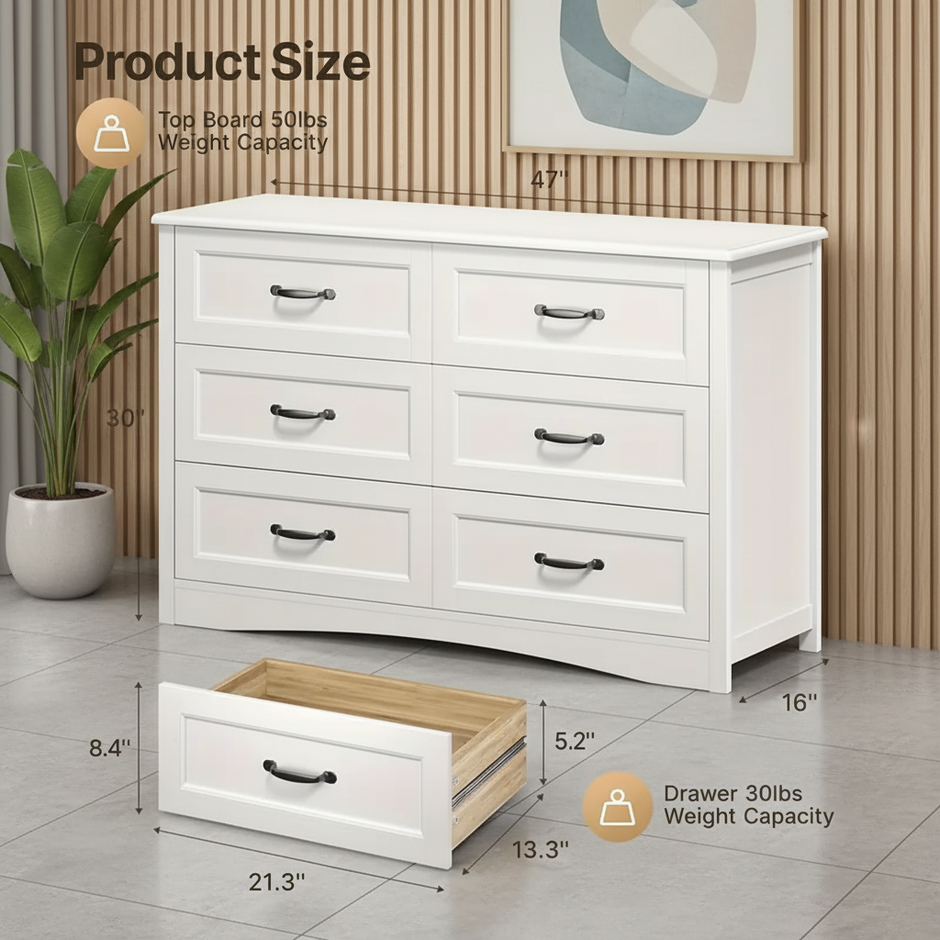 Modern 6-Drawer Dresser – White Wooden Storage Chest with Metal Handles