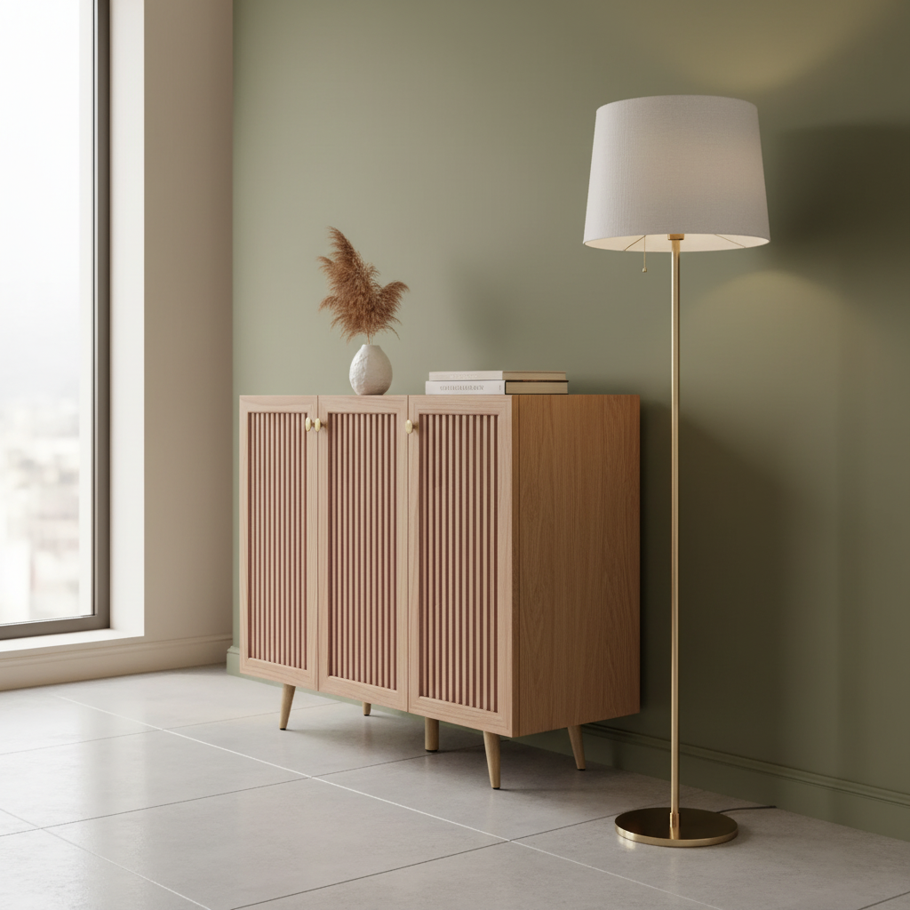 Modern 3-Door Storage Cabinet with Adjustable Shelves – Grey & Natural Oak