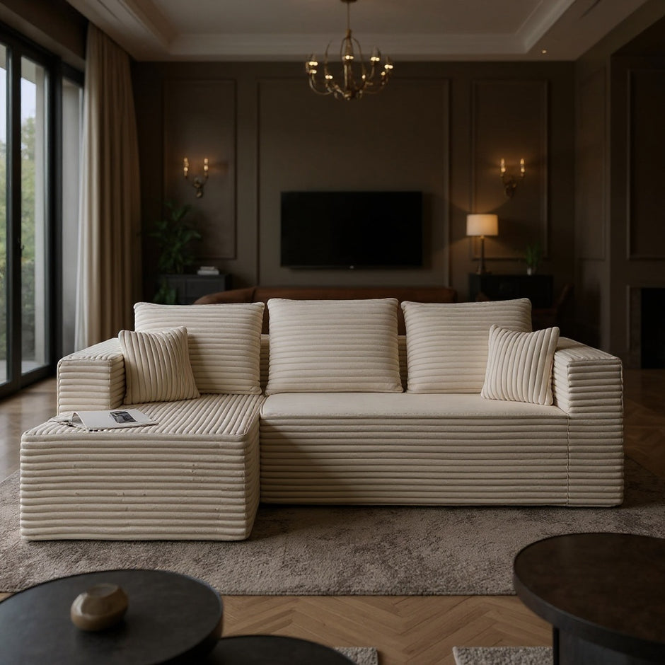 Modern Beige L-Shaped Sectional Sofa with Chaise – Corduroy Upholstery