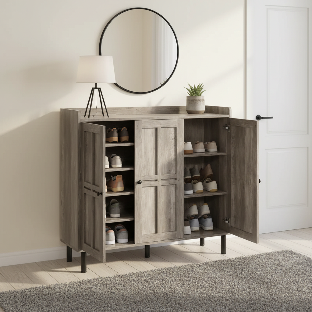 Large Rustic Gray 3-Door Shoe Cabinet with Adjustable Shelves
