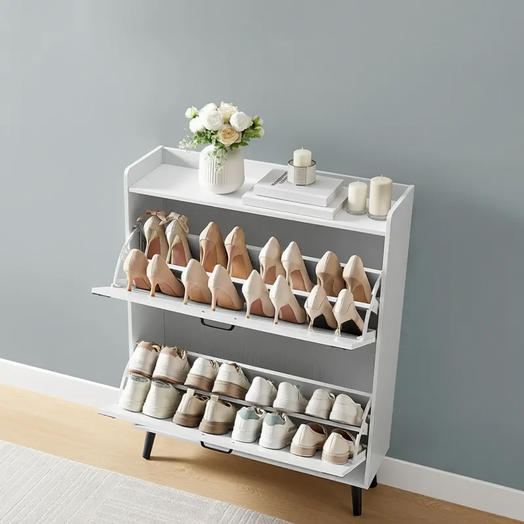 Farmhouse Shoe Cabinet with Flip Drawers – 2-Tier Storage Organizer, Rustic Style