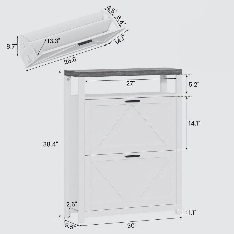 Modern Farmhouse Shoe Cabinet with Flip Drawers and Storage Shelf – White & Oak Finish