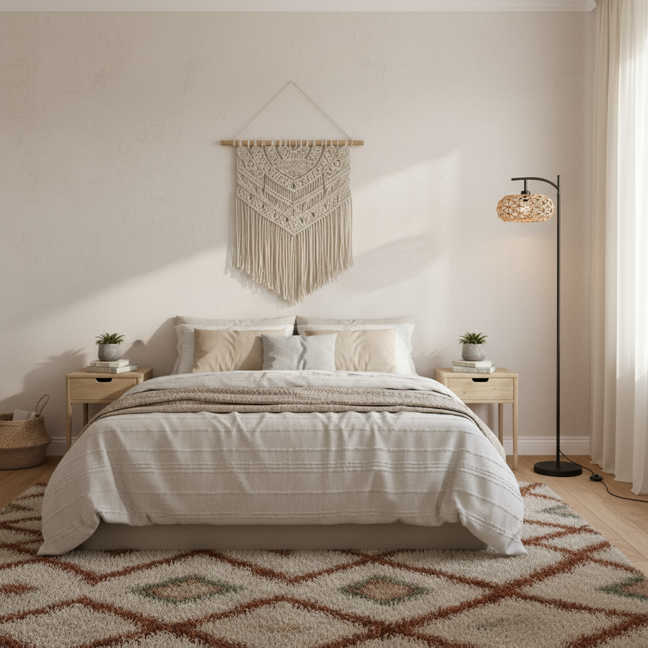 Boho Rattan Floor Lamp with Black Metal Base – 61” Tall