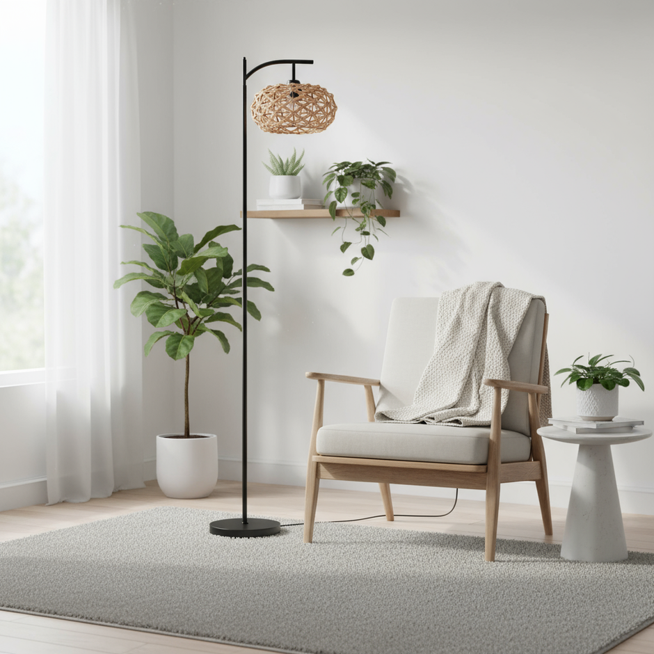 Boho Rattan Floor Lamp with Black Metal Base – 61” Tall