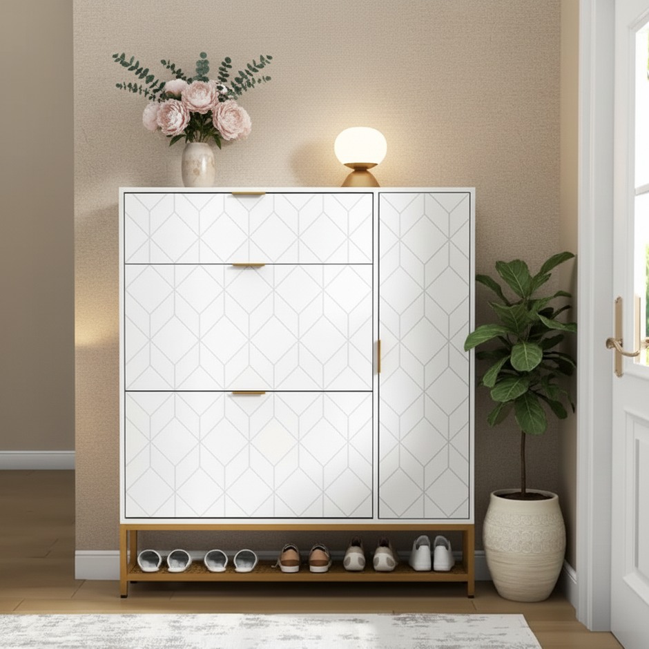 Modern Shoe Cabinet with Geometric Design and Multiple Storage Compartments