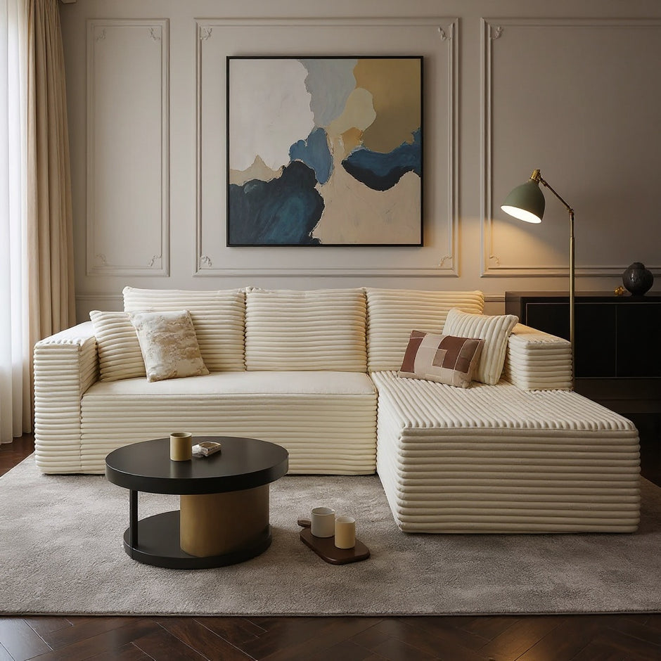 Modern Beige L-Shaped Sectional Sofa with Chaise – Corduroy Upholstery