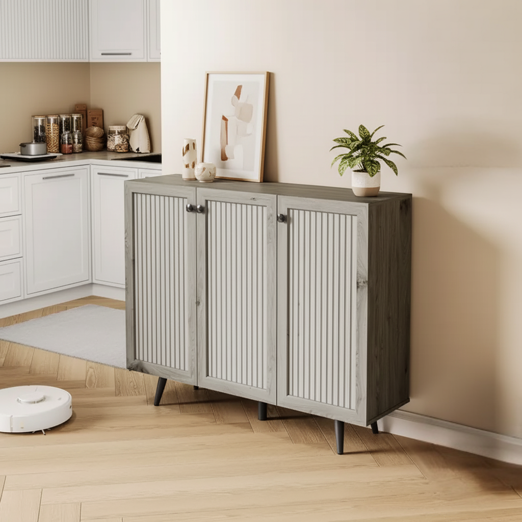 Modern 3-Door Storage Cabinet with Adjustable Shelves – Grey & Natural Oak