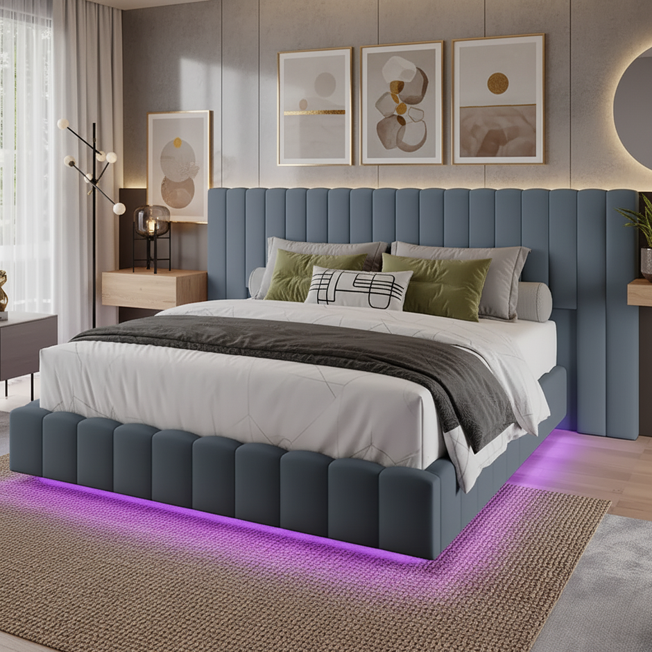 Modern Floating Upholstered Bed Frame with LED Lights