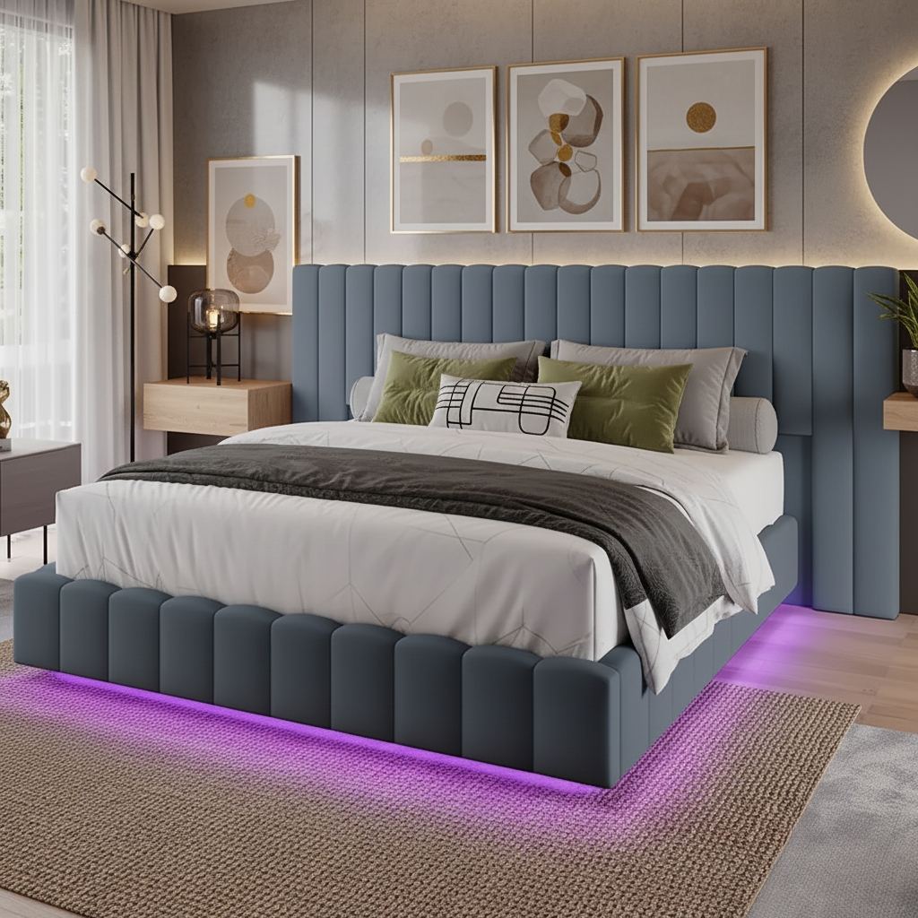 Modern Floating Upholstered Bed Frame with LED Lights