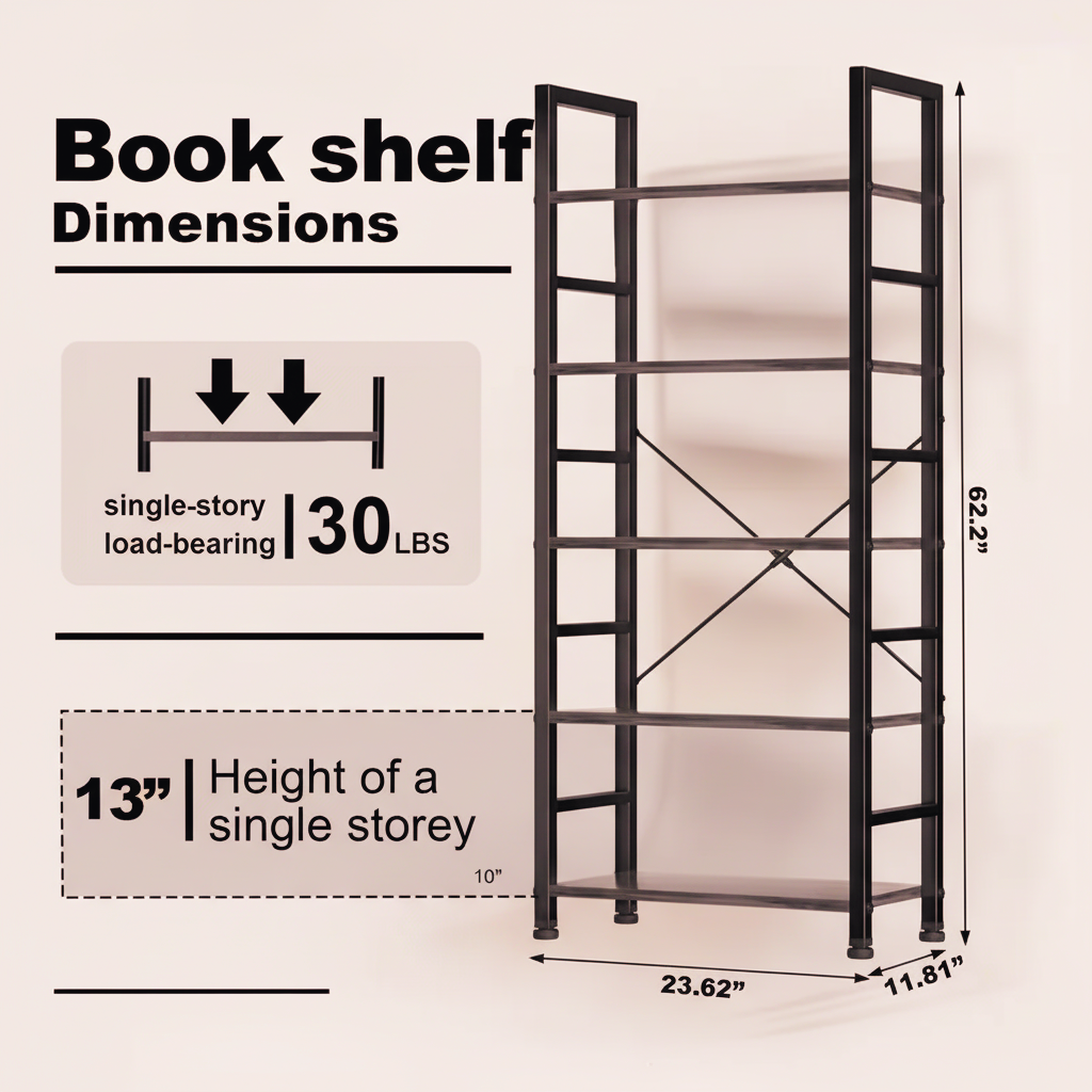 Industrial 5-Tier Metal & Wood Bookshelf with Adjustable Feet – Rustic Storage Rack