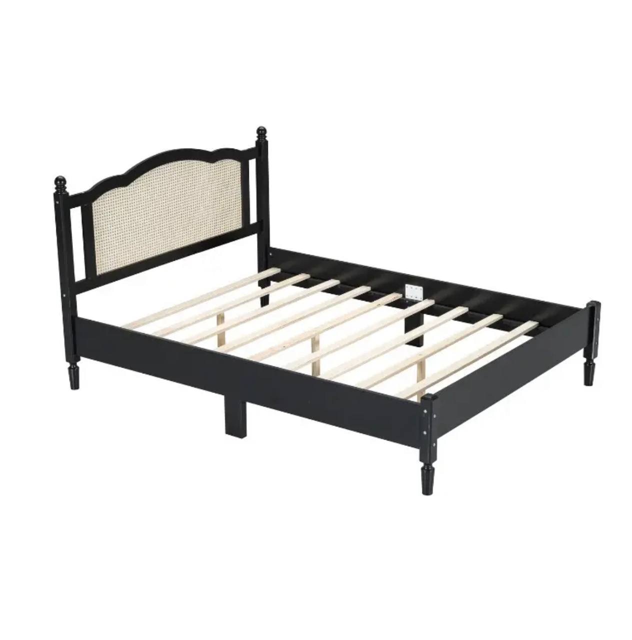 Modern Black Wooden Bed Frame with Rattan Headboard – Queen Size
