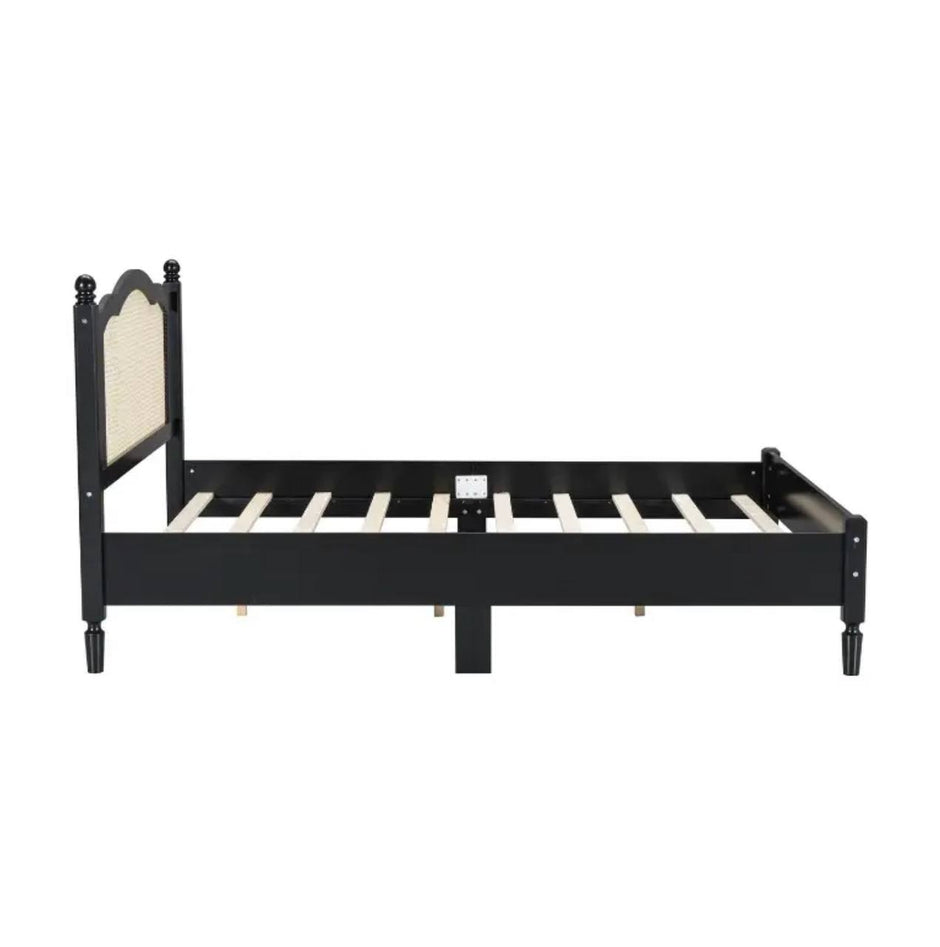 Modern Black Wooden Bed Frame with Rattan Headboard – Queen Size