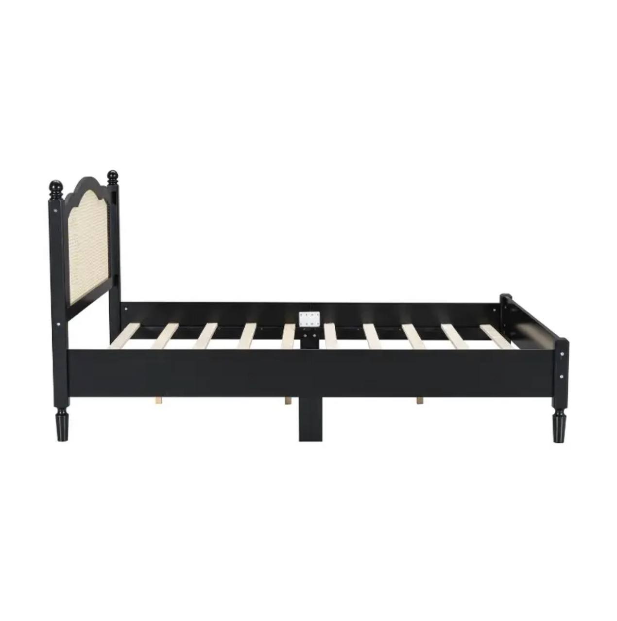 Modern Black Wooden Bed Frame with Rattan Headboard – Queen Size