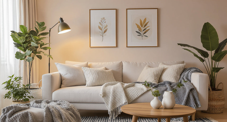 Cozy modern living room with a beige sofa, layered cushions, throw blanket, wooden coffee table, floor lamp, indoor plants, and framed wall art. Warm and inviting atmosphere.