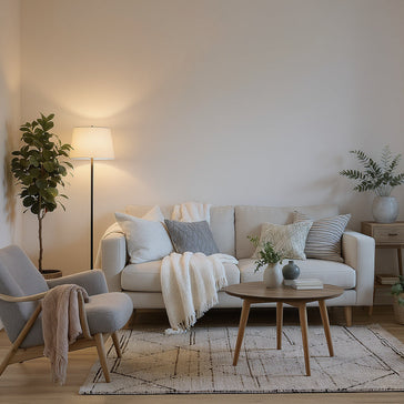 "Cozy small living room with a light sofa, layered cushions, wooden coffee table, floor lamp, and green plants, styled in Scandinavian design to maximize limited space.