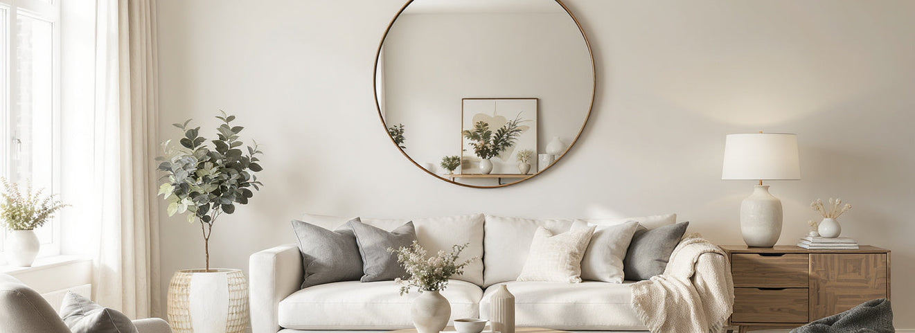 A bright modern living room with a large round wall mirror above a beige sofa, wooden coffee table, soft neutral tones, Scandinavian interior style.