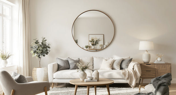 A bright modern living room with a large round wall mirror above a beige sofa, wooden coffee table, soft neutral tones, Scandinavian interior style.