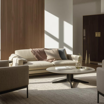 CozyVianno modern furniture – beige sofa with coffee table and wall art in a bright living room