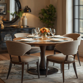 A dining room with a wooden table, modern chairs, and table décor.
