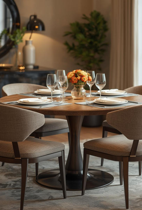 A dining room with a wooden table, modern chairs, and table décor.