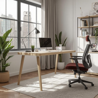 A home office with a wooden desk, ergonomic chair, and computer setup.