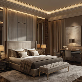 A cozy bedroom with a modern bed, upholstered headboard, and warm lighting.