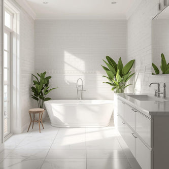 Modern bathroom with towels, mirror, and storage shelves.
