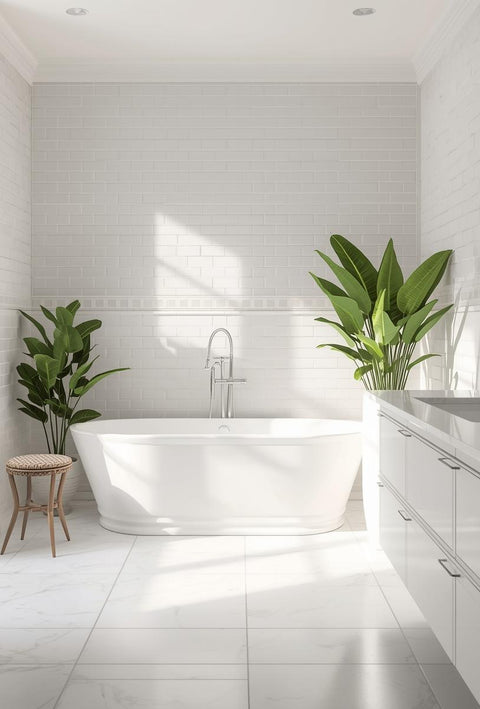 Modern bathroom with towels, mirror, and storage shelves.