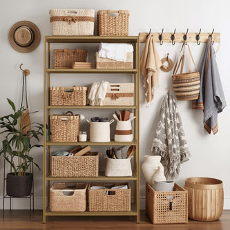 Shelving unit with baskets and storage boxes