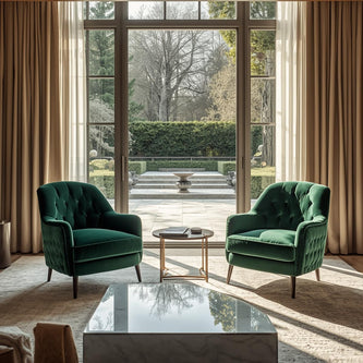 A modern accent chair next to a side table with a lamp.