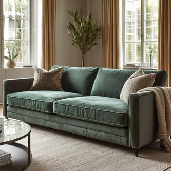 Modern living room with a stylish sectional sofa, wooden coffee table, and cozy decor accents.